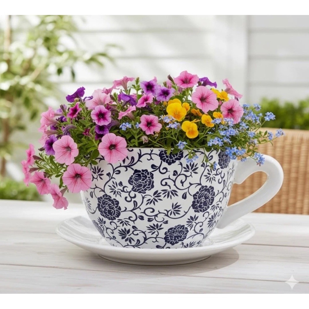 Hadaaya 7.5" Blue Peony Ceramic Teacup Planter Pot & Saucer Set Chinoiserie NIB‎